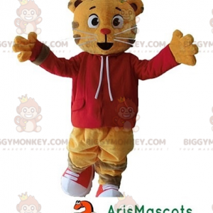 Orange Cat Tiger BIGGYMONKEY™ maskotdräkt med röd tröja -