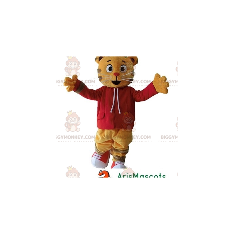 Orange Cat Tiger BIGGYMONKEY™ maskotdräkt med röd tröja -