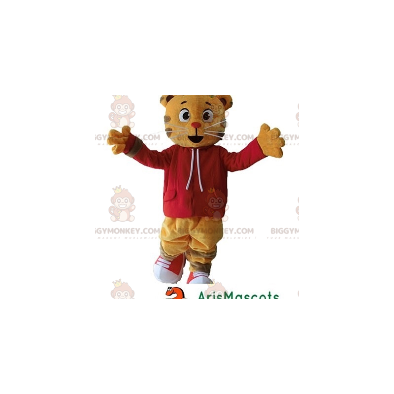 Oranssi kissatiikeri BIGGYMONKEY™ maskottiasu punaisella Oranssi kissatiikeri BIGGYMONKEY™ maskottiasu punaisella