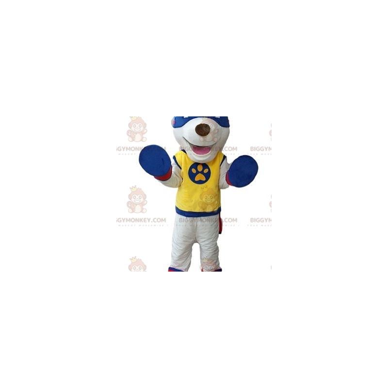 Costume de mascotte BIGGYMONKEY™ de chien blanc en tenue de Costume de mascotte BIGGYMONKEY™ de chien blanc en tenue de