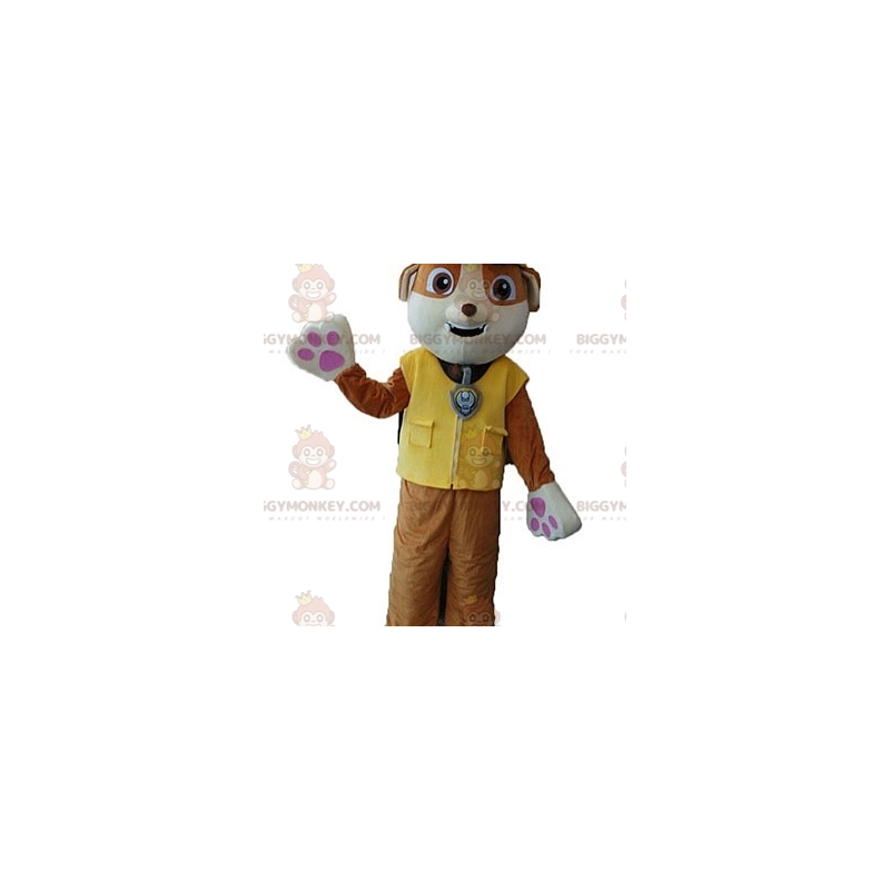 Brown and White Dog BIGGYMONKEY™ Mascot Costume with Yellow Brown and White Dog BIGGYMONKEY™ Mascot Costume with Yellow