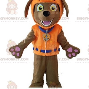 Ruskea koiran BIGGYMONKEY™ maskottiasu pelastusliivillä -
