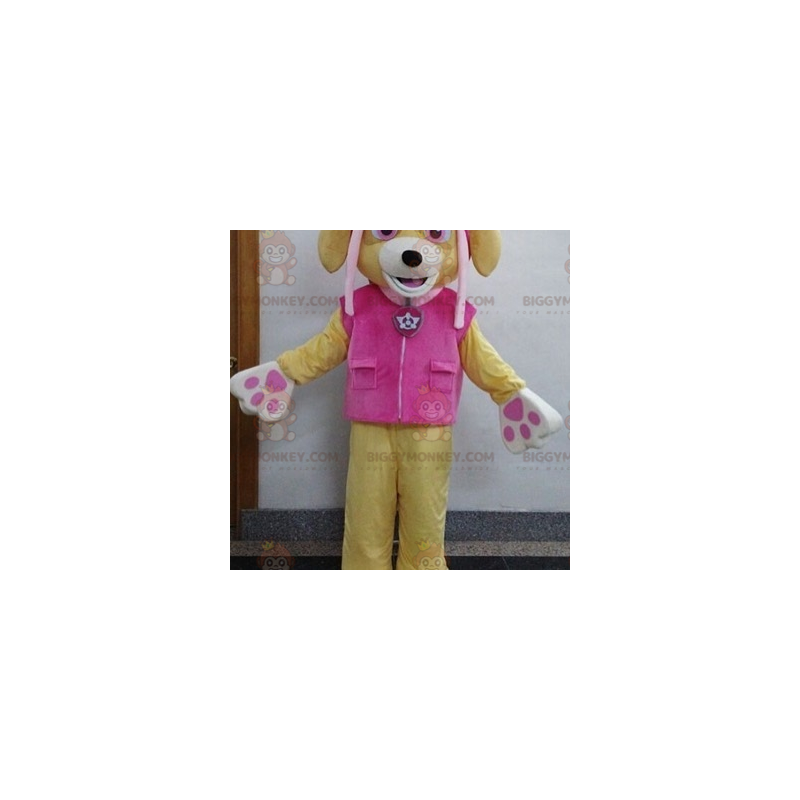 BIGGYMONKEY™ maskottiasu beige koira vaaleanpunaisella asulla -