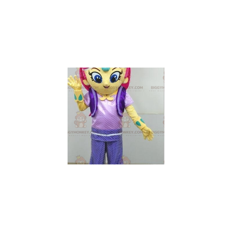 Rosa behaartes gelbes Mädchen BIGGYMONKEY™ Maskottchen-Kostüm - Rosa behaartes gelbes Mädchen BIGGYMONKEY™ Maskottchen-Kostüm -
