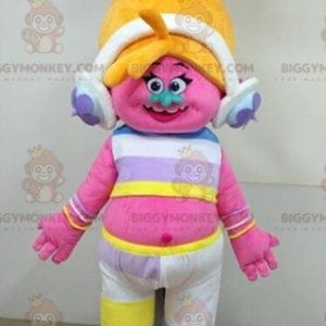 Costume de mascotte BIGGYMONKEY™ de troll rose avec les cheveux