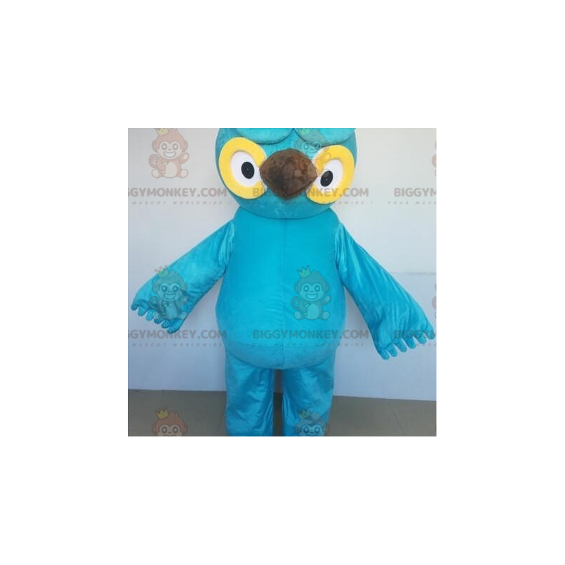 BIGGYMONKEY™ Mascottekostuum gigantische blauwe en gele uil met BIGGYMONKEY™ Mascottekostuum gigantische blauwe en gele uil met