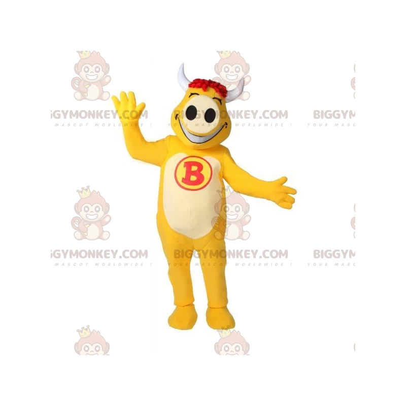 Disfraz de mascota BIGGYMONKEY™ de vaca amarilla y blanca muy Disfraz de mascota BIGGYMONKEY™ de vaca amarilla y blanca muy