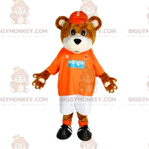 Traje de mascote BIGGYMONKEY™ de urso marrom e branco em roupas
