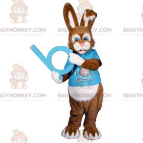 Kostým hnědobílého zajíčka BIGGYMONKEY™ maskota s modrým