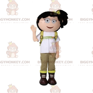 Girl BIGGYMONKEY™ maskotdräkt med ryggsäck. Vandrare