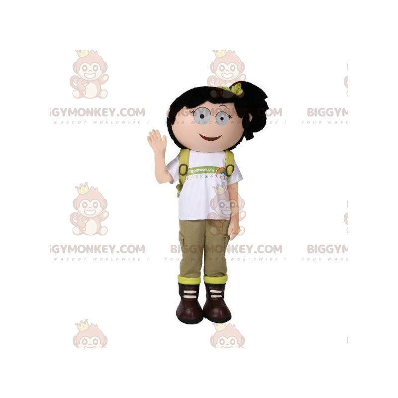 Costume de mascotte BIGGYMONKEY™ de fillette avec un sac à dos. Costume de mascotte BIGGYMONKEY™ de fillette avec un sac à dos.