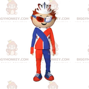 Cykelrytter BIGGYMONKEY™ maskotkostume klædt ud i orange blå og