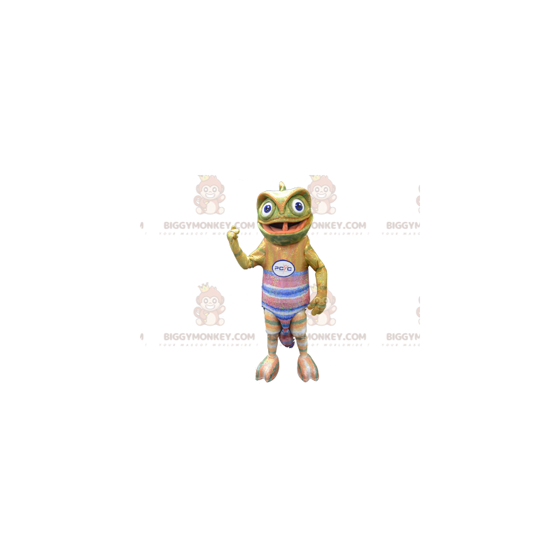 Costume de mascotte BIGGYMONKEY™ de caméléon avec un maillot Costume de mascotte BIGGYMONKEY™ de caméléon avec un maillot