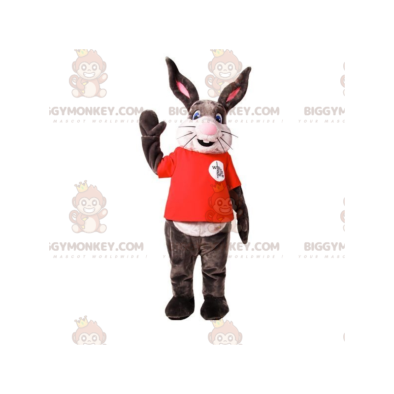 Traje de mascote de coelho cinza e branco muito sorridente Traje de mascote de coelho cinza e branco muito sorridente
