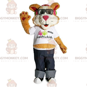 Kostým maskota hnědobílé kočky BIGGYMONKEY™ s brýlemi –