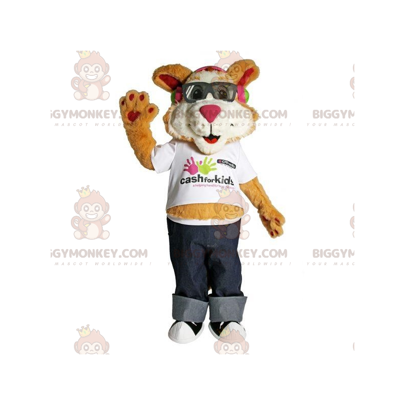 Disfraz de mascota gato marrón y blanco BIGGYMONKEY™ con gafas Disfraz de mascota gato marrón y blanco BIGGYMONKEY™ con gafas