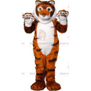 Soft and Furry Orange Black and White Tiger BIGGYMONKEY™ Mascot Costume - Tiger mascots - BIGGYMONKEY_07398 - BiggyMonkey.com
