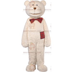 BIGGYMONKEY™ maskotkostume Beige bamse med plaid sløjfe - Bjørn maskot - BIGGYMONKEY_07402 - BiggyMonkey.com