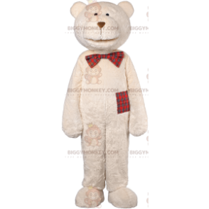 BIGGYMONKEY™ maskottiasu beige nalle ruudullisella rusetilla -