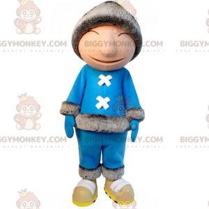 Eskimo BIGGYMONKEY™ maskotkostume med blåt outfit og stor hue -