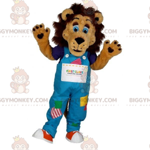 BIGGYMONKEY™ Brown Lion Mascot Costume With Colorful Overalls -