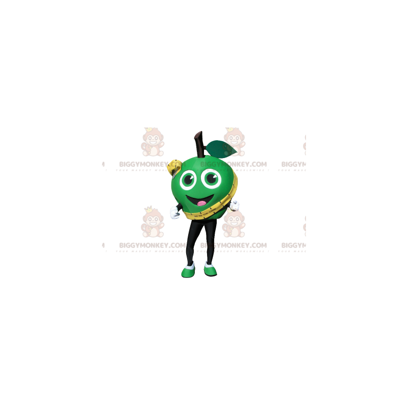 Disfraz de mascota BIGGYMONKEY™ de manzana verde muy sonriente.