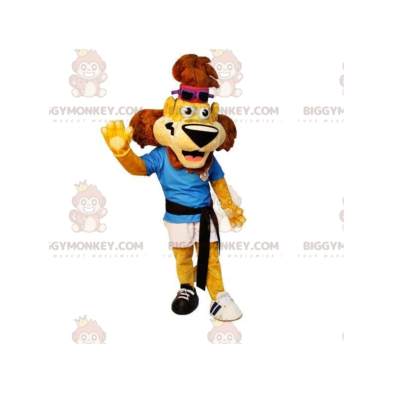 BIGGYMONKEY™ maskotkostume Sporty gul og brun løve i sportstøj BIGGYMONKEY™ maskotkostume Sporty gul og brun løve i sportstøj