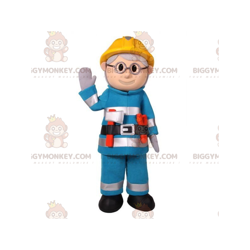 Kostým BIGGYMONKEY™ maskota hasičského pracovníka v modrém Kostým BIGGYMONKEY™ maskota hasičského pracovníka v modrém