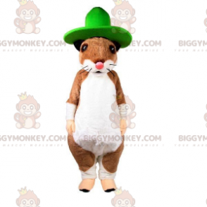 Καφέ και λευκό τρωκτικό αρουραίος BIGGYMONKEY™ μασκότ στολή με πράσινο καπέλο - Μασκότ ποντικιού - BiggyMonkey.com