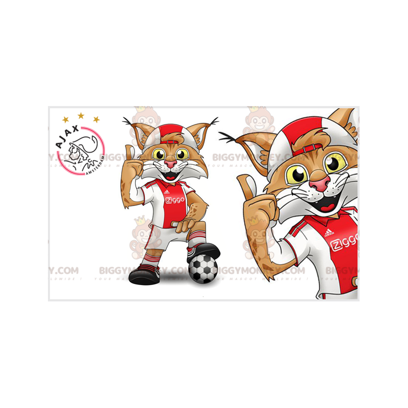 Στολή μασκότ BIGGYMONKEY™ Καφέ και Λευκό Lynx με αθλητικά ρούχα - Αθλητική μασκότ - BIGGYMONKEY_07448 - BiggyMonkey.com