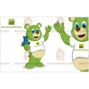 Kostým maskota BIGGYMONKEY™ zeleného medvídka s modrýma očima.