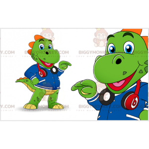 Στολή μασκότ BIGGYMONKEY™ Green Dinosaur με ακουστικά και μπουφάν - Μασκότ δεινοσαύρων - BIGGYMONKEY_07455 - BiggyMonkey.com