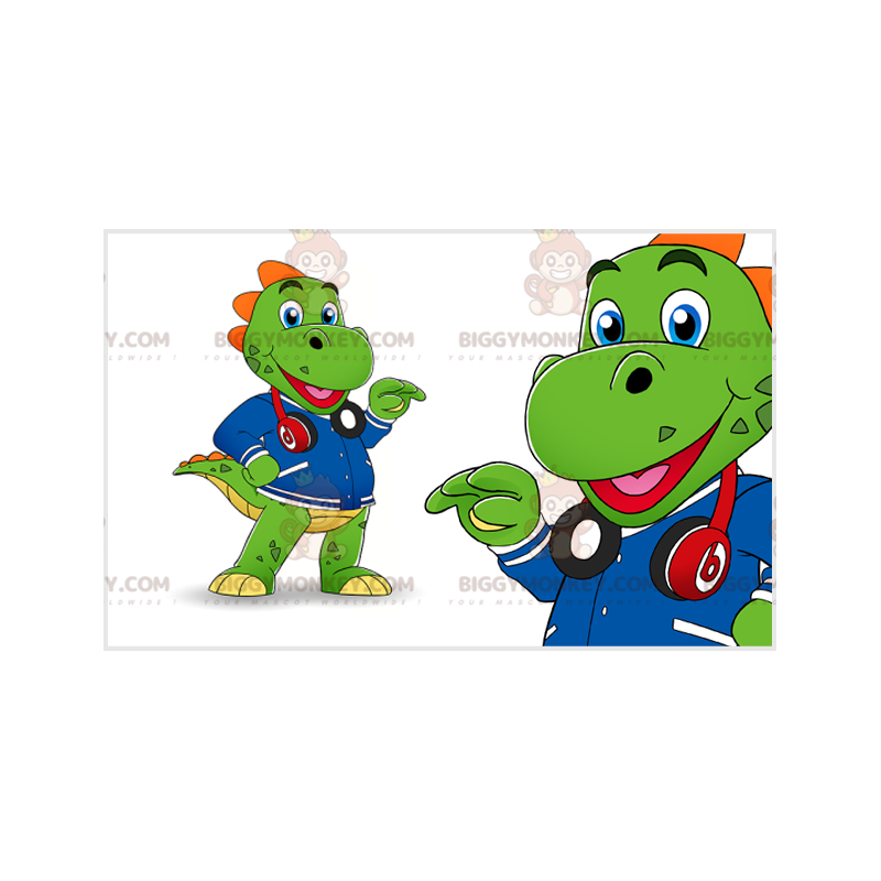 Στολή μασκότ BIGGYMONKEY™ Green Dinosaur με ακουστικά και μπουφάν - Μασκότ δεινοσαύρων - BIGGYMONKEY_07455 - BiggyMonkey.com