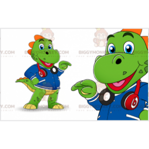 Στολή μασκότ BIGGYMONKEY™ Green Dinosaur με ακουστικά και μπουφάν - Μασκότ δεινοσαύρων - BIGGYMONKEY_07455 - BiggyMonkey.com