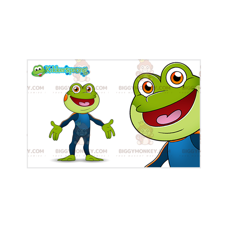 Traje de mascote de sapo verde BIGGYMONKEY™ com macacão azul – Traje de mascote de sapo verde BIGGYMONKEY™ com macacão azul –