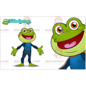 Grön groda BIGGYMONKEY™ maskotdräkt med blå jumpsuit - Groda maskot - BIGGYMONKEY_07456 - BiggyMonkey.com