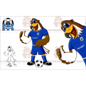Disfraz de mascota BIGGYMONKEY™ Águila marrón y blanca con traje de futbolista - Mascota del pájaro - BiggyMonkey.com