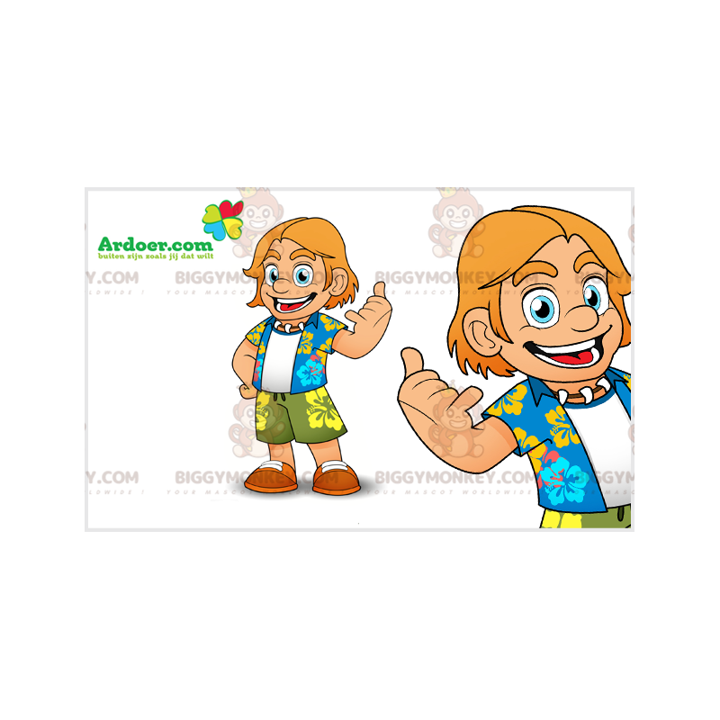 BIGGYMONKEY™ Mascot Costume Surfer Vacationer with Floral Shirt BIGGYMONKEY™ Mascot Costume Surfer Vacationer with Floral Shirt