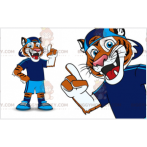 Disfraz de mascota BIGGYMONKEY™ de tigre naranja y blanco en ropa deportiva azul - Mascotas tigre - BiggyMonkey.com