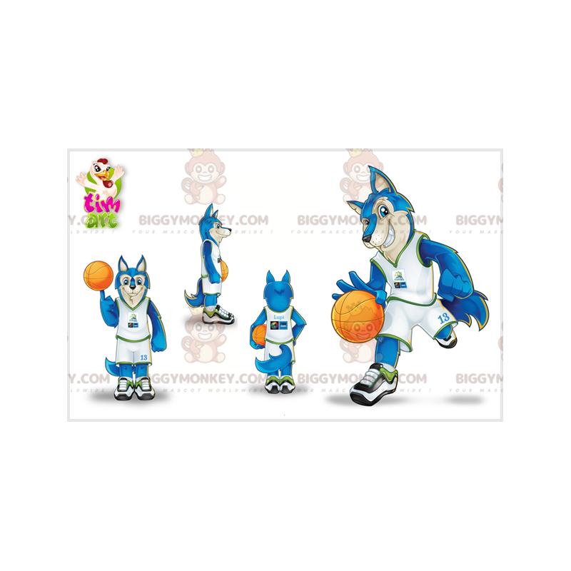 BIGGYMONKEY™ suden maskottiasu koripalloasussa. sininen susi - BIGGYMONKEY™ suden maskottiasu koripalloasussa. sininen susi -