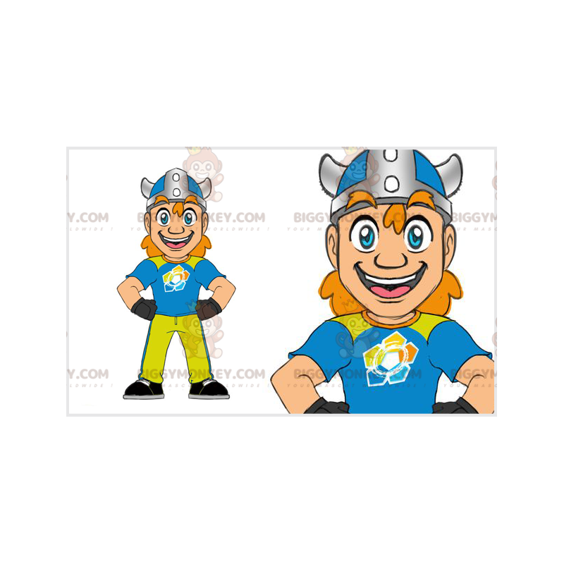 Punainen Viking BIGGYMONKEY™ maskottiasu kypärällä. viikinki Punainen Viking BIGGYMONKEY™ maskottiasu kypärällä. viikinki