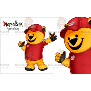 BIGGYMONKEY™ gele beer mascottekostuum gekleed in rode outfit -
