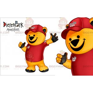BIGGYMONKEY™ gul bjørnemaskotkostume klædt i rødt outfit -