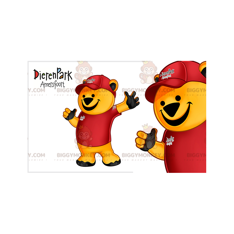 BIGGYMONKEY™ Yellow Bear Mascot Costume Dressed in Red Outfit - BIGGYMONKEY™ Yellow Bear Mascot Costume Dressed in Red Outfit -