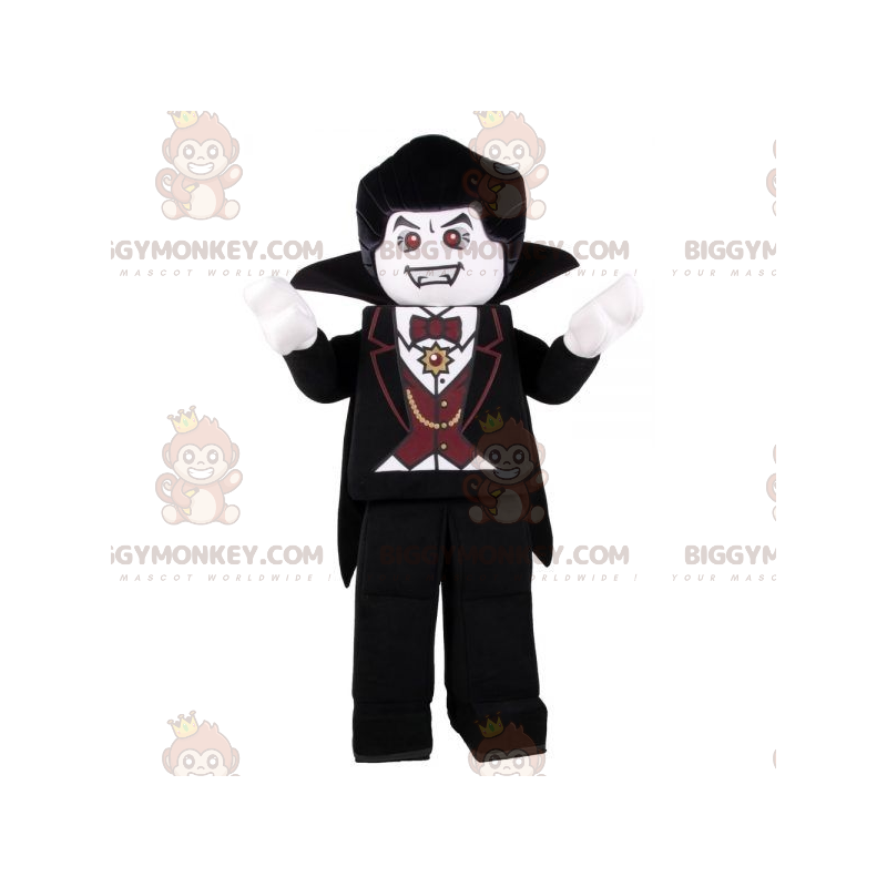 Costume de mascotte BIGGYMONKEY™ de Lego de vampire avec un Costume de mascotte BIGGYMONKEY™ de Lego de vampire avec un