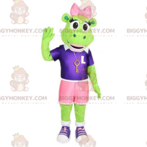 Grön groda BIGGYMONKEY™ Maskotdräkt med shorts och rosa rosett - Groda maskot - BIGGYMONKEY_07507 - BiggyMonkey.com