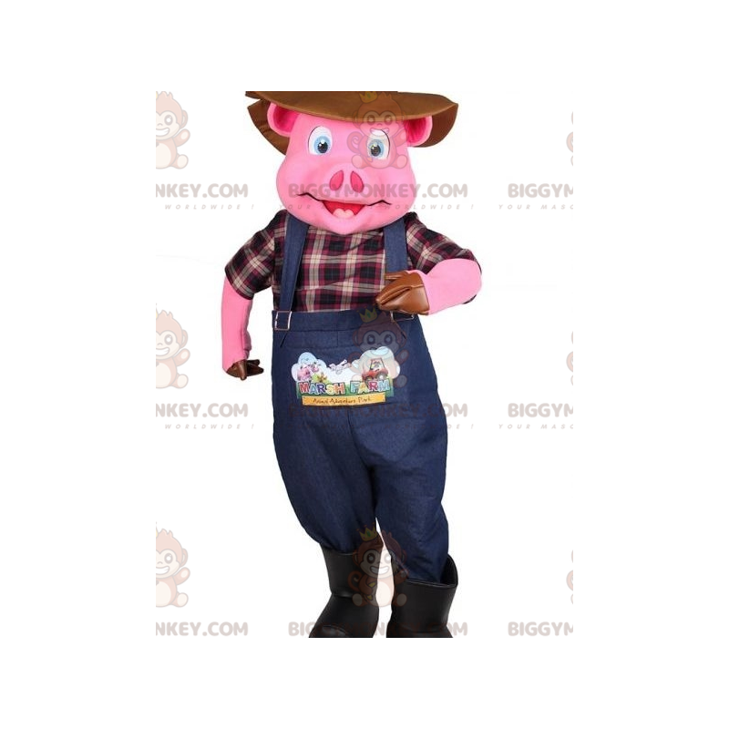 BIGGYMONKEY™ Pink Pig Mascot Costume Dressed As Farmer – BIGGYMONKEY™ Pink Pig Mascot Costume Dressed As Farmer –