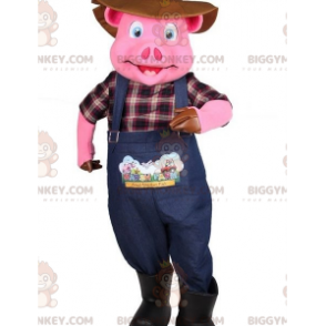 BIGGYMONKEY™ Pink Pig -maskottiasu, joka on pukeutunut maanviljelijäksi - Sikojen maskotit - BIGGYMONKEY_07518 - BiggyMonkey.com