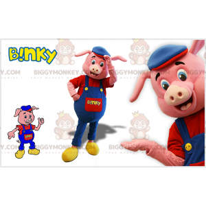 BIGGYMONKEY™ Pink grisemaskotkostume med blå overalls og baret - Grise-maskoter - BIGGYMONKEY_07522 - BiggyMonkey.com