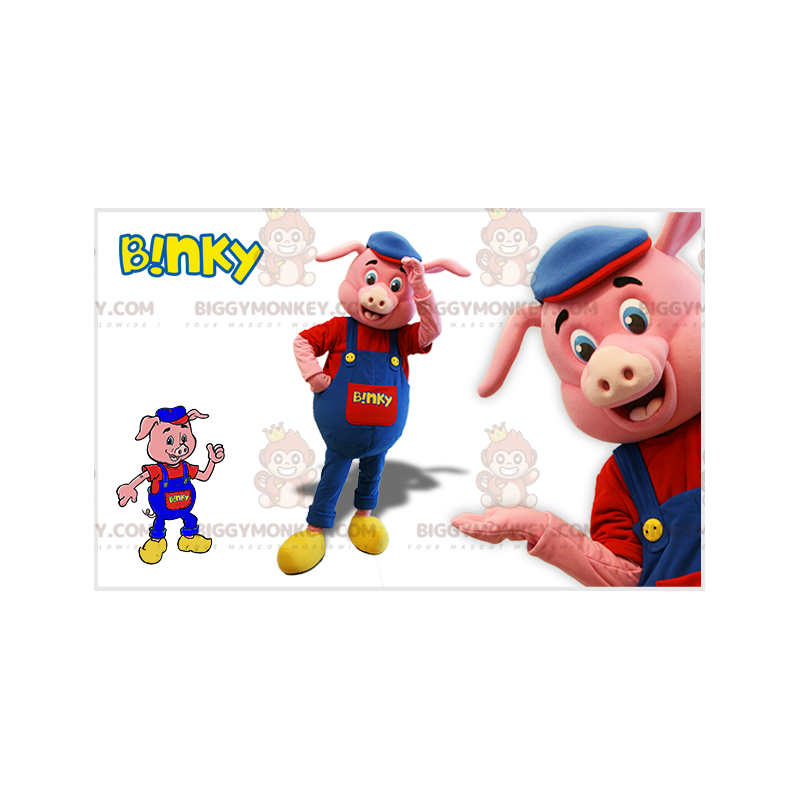 Disfraz de mascota de cerdo rosa BIGGYMONKEY™ con overol azul y Disfraz de mascota de cerdo rosa BIGGYMONKEY™ con overol azul y
